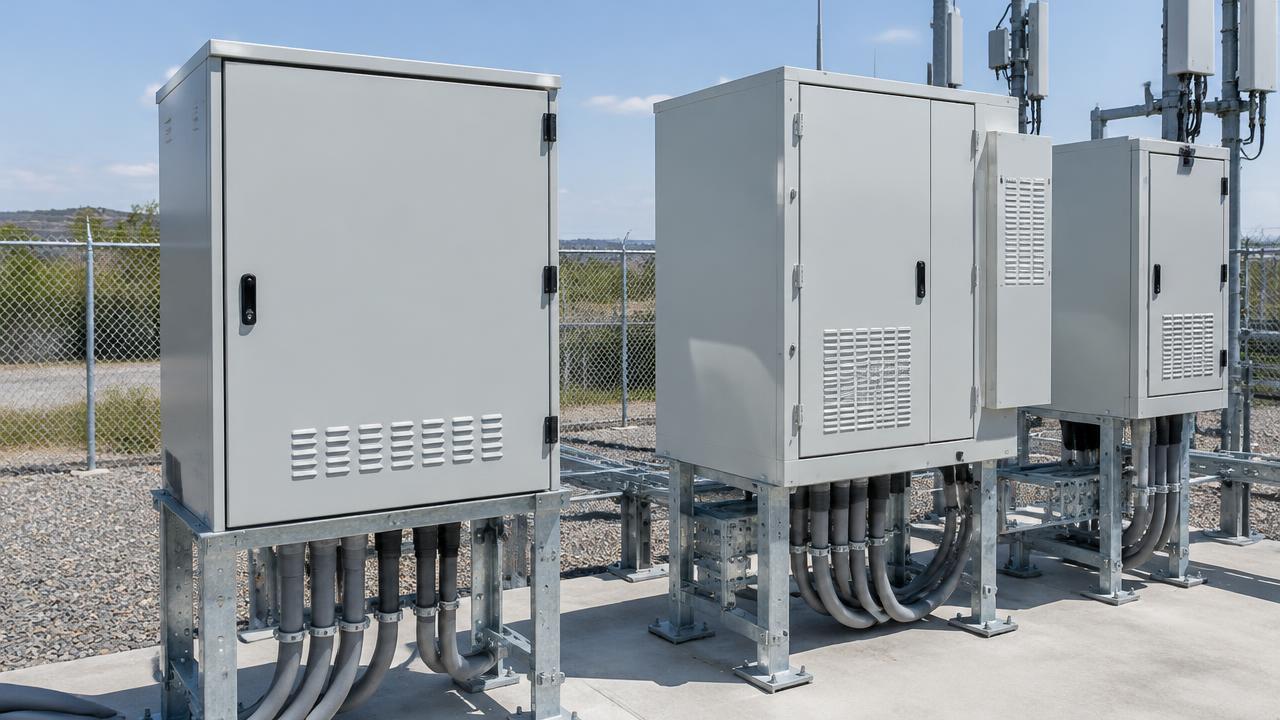 Finished outdoor telecommunications cabinets on steel mounting supports
